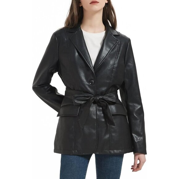 Women Black Leather Blazer Jacket Vegan leather Lapel Button Down Casual Coat - Picture 2 of 6